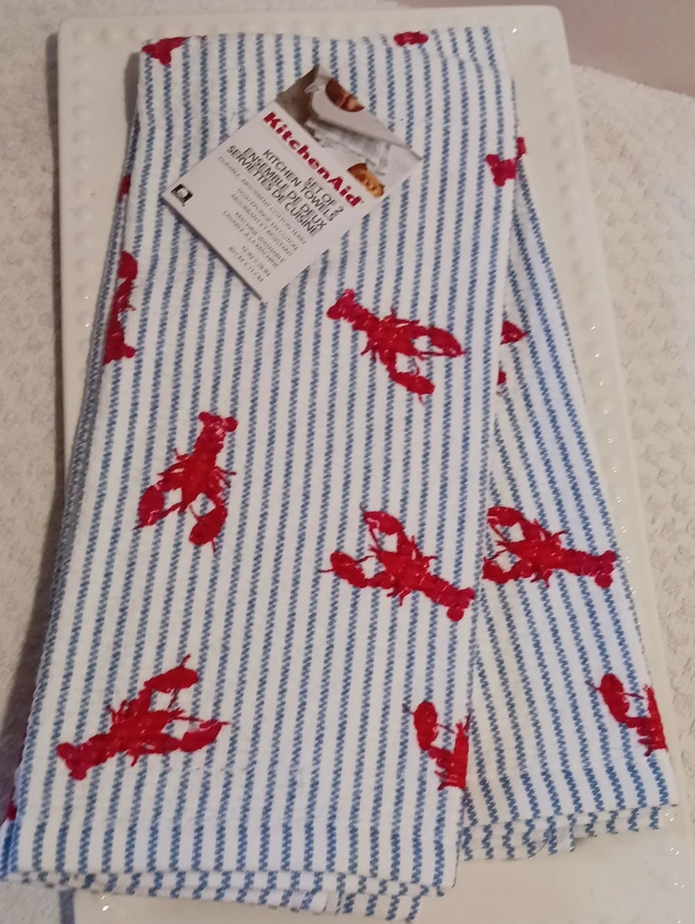 KitchenAid Blue & White Striped Kitchen Towels with Red Lobster Print 🦞